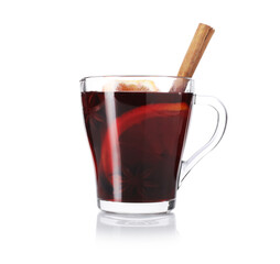 Tasty mulled wine in mug isolated on white