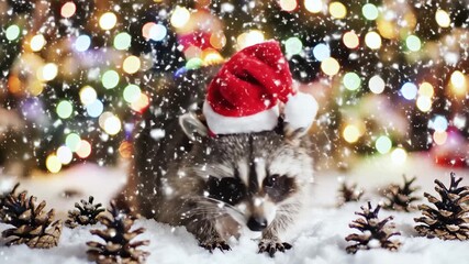 Festive raccoon in Santa hat amid snow, bokeh lights, and pinecones - Powered by Adobe