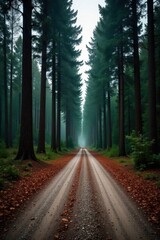 Obraz premium Transition Path A deserted, winding gravel path vanishing into a dense, misty forest during early morning. Cool, muted light filters through the fog. No people or human elements.