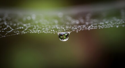 A close-up of a dewdrop hanging from a delicate spider web with a blurred natural background, showcasing intricate details and reflections in the morning light