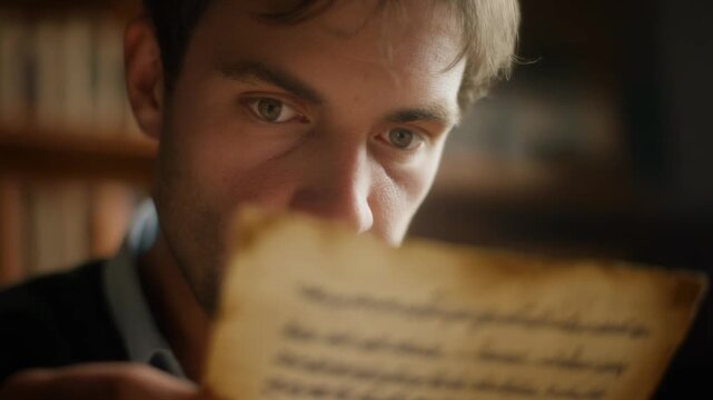 A young man with a focused expression intently reads an ancient, burnt-edged document, possibly a map or letter, in a dimly lit room.
