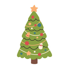 Obraz premium Cute vector illustration of a decorated Christmas tree with colorful ornaments and a star on top. Simple festive holiday design, perfect for greeting cards, stickers, promo and seasonal decorations