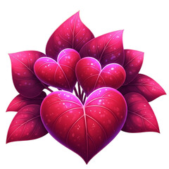 Three heart shaped leaves isolated on transparent background, a symbol of love