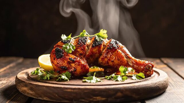 Tandoori chicken on wooden plate with herbs and lemon slice on rustic table