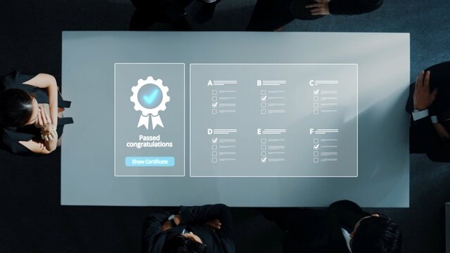 Two professionals celebrate success with a digital certificate displayed on a modern conference table, symbolizing achievement and collaboration in a business environment. Raster - Powered by Adobe