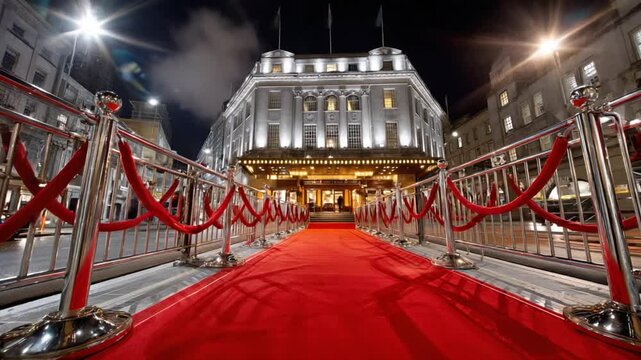 Red Carpet Entrance: A stunning view of a building at night, with a long red carpet leading to the entrance, flanked by velvet ropes and stanchions, creating a sense of anticipation and exclusivity.