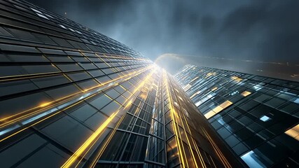Futuristic skyscraper illuminated at night, showcasing urban architecture amidst a dramatic sky - Powered by Adobe