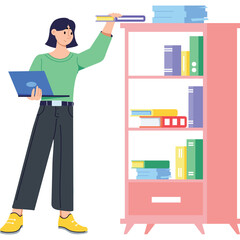 Woman Organizing Bookshelf with Laptop in Green Sweater and Dark Pants on Transparent Background