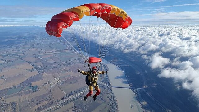 Soaring Above: A skydiver in freefall, a vibrant parachute billows against a backdrop of clouds, capturing the adrenaline and freedom of extreme sports.
