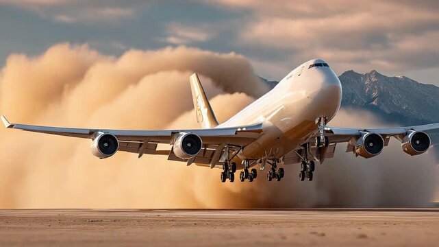 Aviation Ascent: A powerful airplane dramatically takes off, enveloped in a cloud of dust, showcasing the raw energy of flight against a scenic landscape.