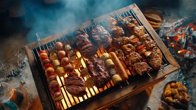Gourmet Grill: Sizzling barbecue featuring an array of meticulously grilled meats, vegetables and skewers, creating a mouthwatering feast. The warm glow of the coals enhances the inviting scene.