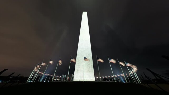 The Washington Monument in Washington, DC Wide timelapse Shot on a Spooky, Foggy Night