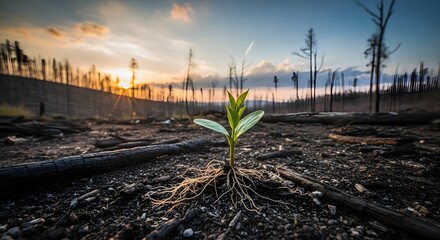 A young green plant growing amidst burnt and charred landscape with a sunset sky in the background, symbolizing resilience and renewal after environmental destruction