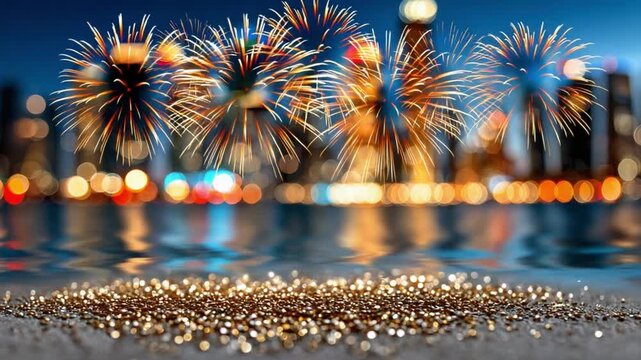 City Lights and Fireworks: Sparkling fireworks light up the night sky above a cityscape, reflected beautifully in the calm water with the glitter as a foreground. The ambiance radiates celebration.