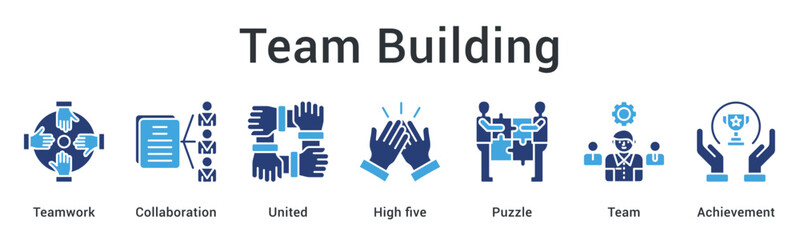Team building fostering collaboration and unity through integrated teamwork leading to collective achievement. icon sheet multiple style collection
