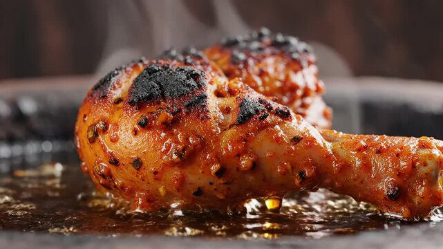 Tandoori chicken close-up on grill with spices and oil