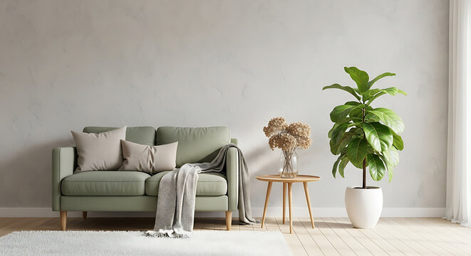 Interior of the living room with green sofa, wooden table and plant on empty white wall - Powered by Adobe