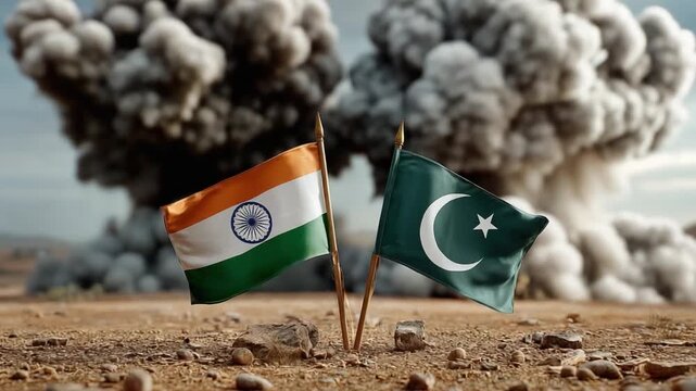 Diplomatic Standoff: Symbolic flags of India and Pakistan stand in stark contrast against a backdrop of turbulent, ominous clouds and the desolation of conflict.