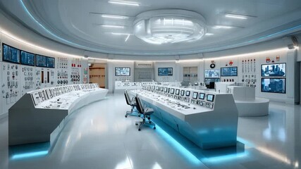 Command Center interior: Modern command center with control panels, screens, and lighting creating an atmosphere of technological precision and advanced functionality.