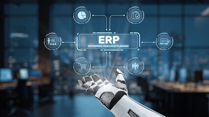 A high-tech robot hand engages with a digital ERP concept, illustrating innovative solutions for efficient business management in a contemporary office setting. Synapse