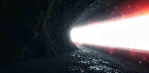 Metaphorical representation of a breakthrough idea or discovery A powerful, intense beam of pure white light dramatically breaking through a dark, textured, and slightly cracked solid surface. The