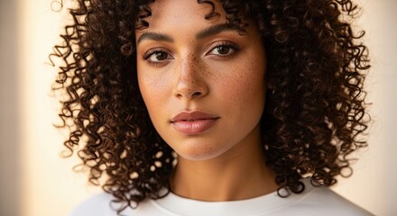 Portrait of a young woman with curly brown hair and light brown eyes looking directly at the camera