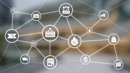 Sale and promotion icons with hot deal, discount tag, shopping bag, limited offer, coupon, VIP...