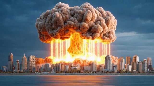 City Destruction: An ominous mushroom cloud rises above a cityscape. A chilling depiction of disaster and power, showcasing a catastrophic event over the modern metropolis.