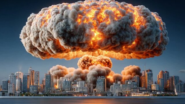 Apocalyptic City: A city is engulfed in a catastrophic explosion. The blast's immense force obliterates the urban landscape, creating a harrowing spectacle of destruction and devastation.