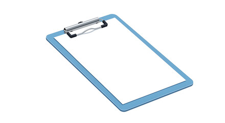 A light blue clipboard with a blank white paper sheet and silver clip, isolated on a white background.