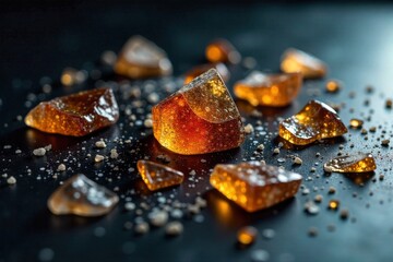 Deconstructed beer bottle elements, representing brokenness Abstract composition of shattered generic glass pieces resembling a beer bottle, scattered on a dark, textured surface. Soft, diffused