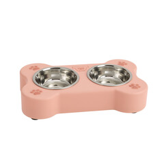 Naklejka premium Stylish elevated dog bowl feeder with playful bone shape and paw prints on dark background
