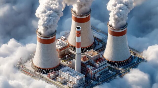 Power Plant Emissions: A graphic depiction of a power plant releasing steam into the atmosphere, highlighting the environmental implications of industrial processes.