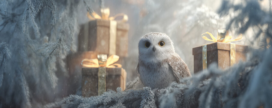 Adorable snowy owl perched on winter tree branches with sparkling gifts nearby ready for Christmas celebrations and holiday season magic
