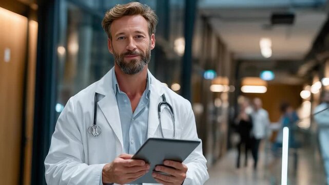 Healthcare Professional with Tech: A compassionate and experienced healthcare professional, clad in a crisp lab coat and stethoscope, confidently holds a digital tablet in a modern medical facility.