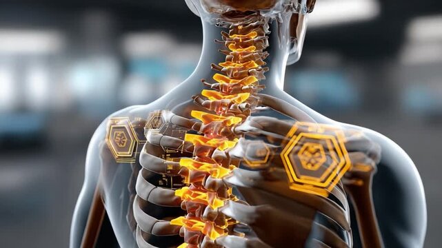 Human Spinal Structure in Detail: An intricate representation of the human spine and surrounding bone structure, illuminated to highlight the complexities of human anatomy