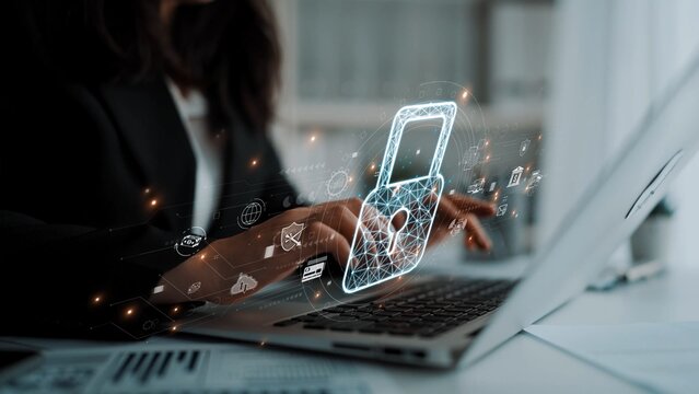 Cybersecurity protection system showing password encryption, fingerprint ID, cloud security, email, credit card, and database lock for secure data access Marrow