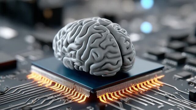 Brain on Circuit: A conceptual representation showcasing a brain atop a circuit board, highlighting the fusion of human intellect and technological advancement.