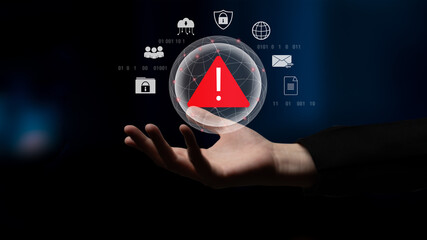 Red warning triangle representing a cybersecurity threat or data breach alert, surrounded by...