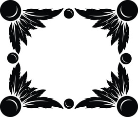 Symmetrical black feather and circle border design, bold square frame with stylized corner motifs, decorative graphic for artistic layout © Sammi