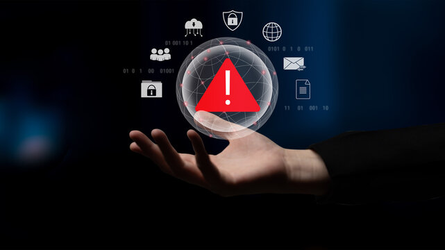 Red warning triangle representing a cybersecurity threat or data breach alert, surrounded by digital security and network protection icons, symbolizing cyber risk awareness Parse