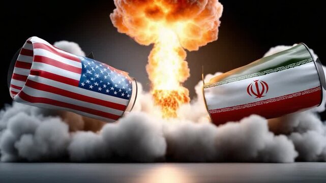 Nuclear Deterrence: Two powerful nations, each emblazoned with their national flags, stand on the precipice of a nuclear explosion, symbolizing the devastating consequences of global conflict. 