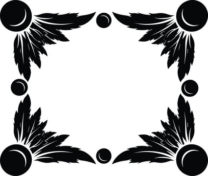 Symmetrical black feather and circle border design, bold square frame with stylized corner motifs, decorative graphic for artistic layout