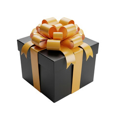 Elegant black gift box with golden ribbon isolated on transparent background