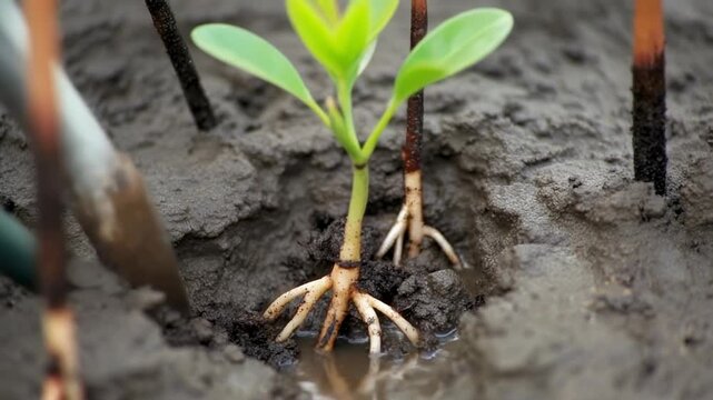 A young green plant with visible roots growing in wet, muddy soil, possibly a mangrove seedling.