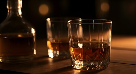 A dimly lit scene featuring a whiskey bottle and two glasses filled with whiskey on a wooden surface