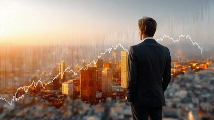Business Visionary Overlooking the City: A businessman stands confidently, gazing at a cityscape with a superimposed financial graph, symbolizing leadership and foresight in the business world. - Powered by Adobe