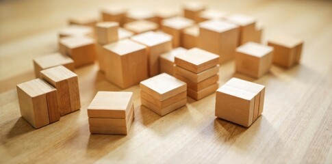 Wooden Toy Collection with Building Blocks A warm, natural light illuminates a collection of classic wooden building blocks of various shapes and sizes, artfully arranged on a light colored wooden