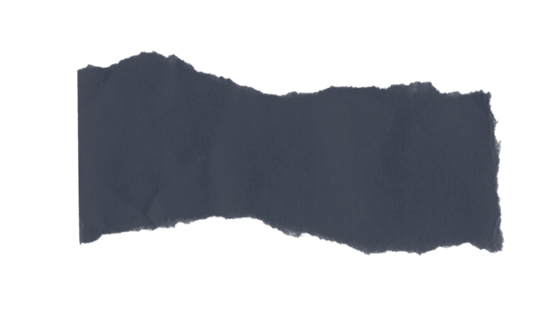 Dark gray torn paper fragment with rough edges isolated on transparent background