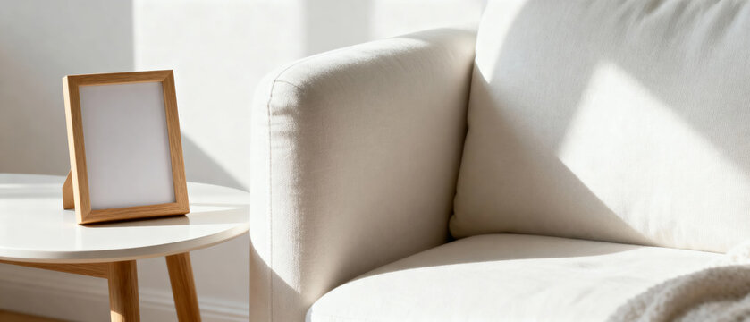 Minimalist living room corner with white armchair and wooden photo frame on side table
